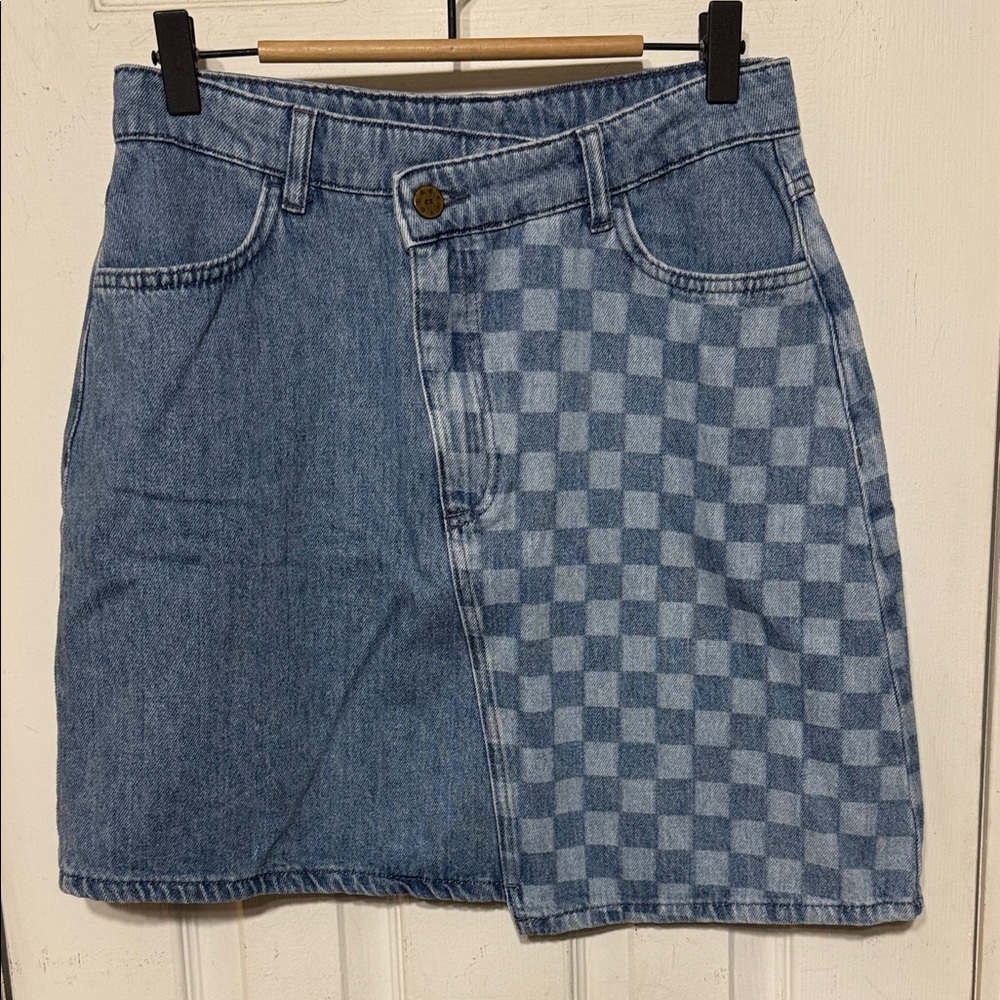 Lazy Oaf Two-Tone Checkered Denim Skirt W 14” L 19.5”